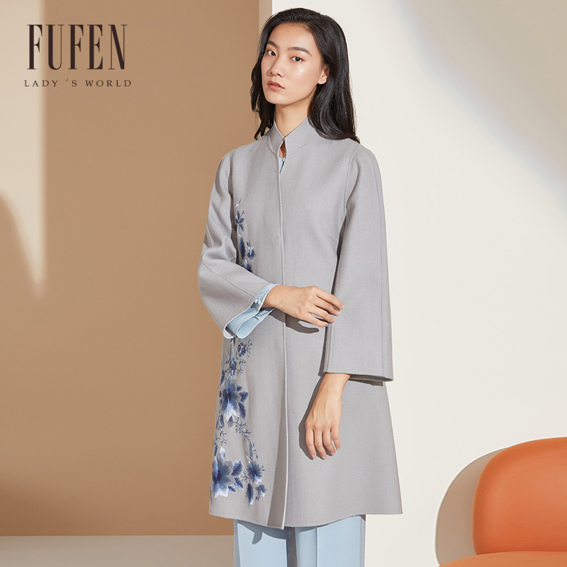 福芬春秋季新款毛呢外套女士绣花v领宽松羊毛薄款大衣DY-13445