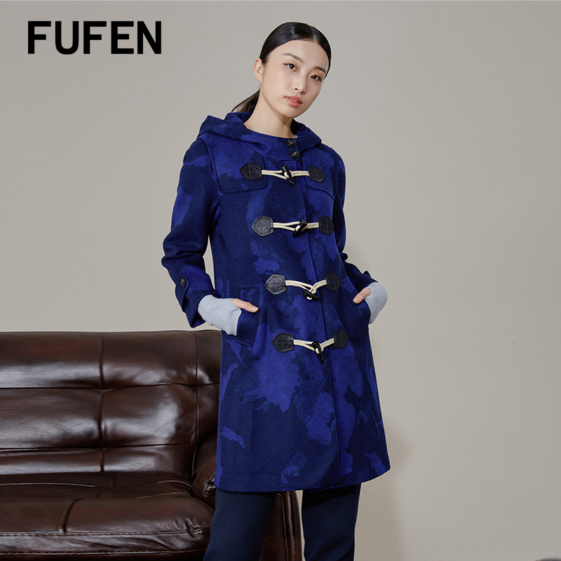 福芬新款女冬牛角扣中长款毛呢羊毛外套宝石蓝大衣DY-13105