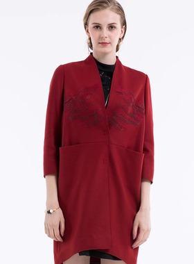 福芬款纯色绣花风衣女宽松显瘦毛呢大衣FY-11240