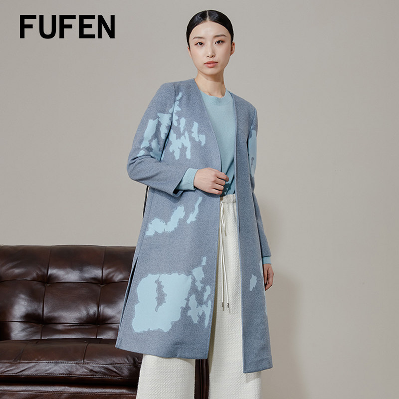 福芬新款时尚印花毛衣大衣中长款羊毛气质优雅外套DY-12319