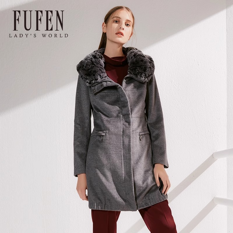 福芬秋冬新款中长款羊毛大衣毛领修身显瘦毛呢外套D-4231