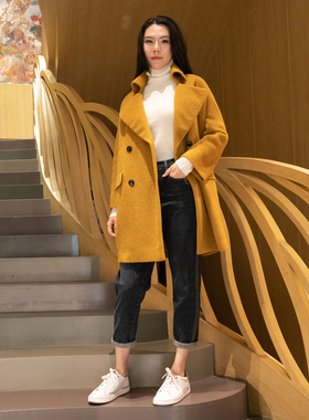 2023年新款女冬蓝色修身毛呢大衣气质收腰外套女D-8773