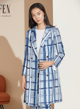 福芬春秋季新款风衣格子百搭宽松显瘦翻驳领外套FY-14008