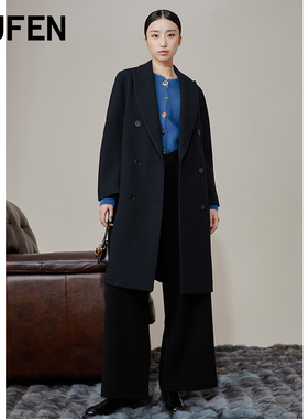 福芬新款毛呢大衣气质优雅宽松羊毛黑色外套上衣女DY-13530