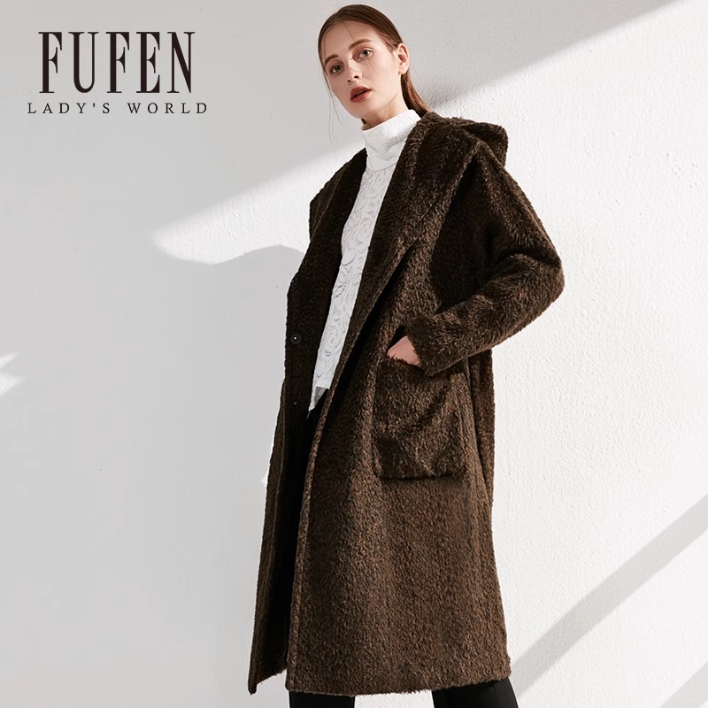 福芬秋冬新款百搭连帽宽松休闲毛呢大衣商场同款D-6678