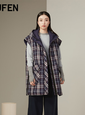 福芬新款马甲女冬内穿连帽条纹气质格子宽松背心BX-14579-1