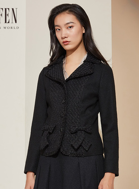 福芬秋季新款短外套女黑色收腰显瘦翻驳领气质上衣SY-15908