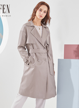 福芬秋季新款翻领双排扣系带气质中长款风衣外套女FY-12608