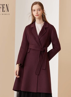 福芬秋冬款系带西服领羊毛中长款气质毛呢大衣外套DY-14039
