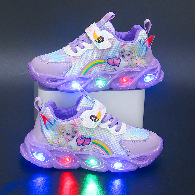 爱莎公主女童运动鞋儿童鞋子网面透气2025新款秋冬季小女孩发光鞋