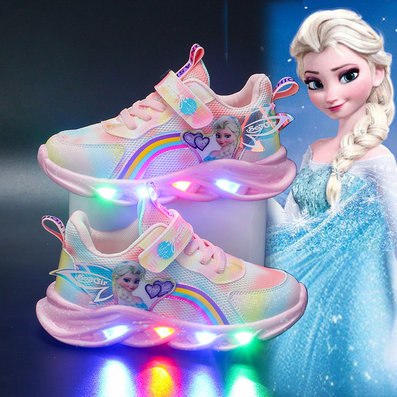 爱莎公主女童运动鞋2026新款儿童鞋子小女孩亮灯发光网面透气防滑