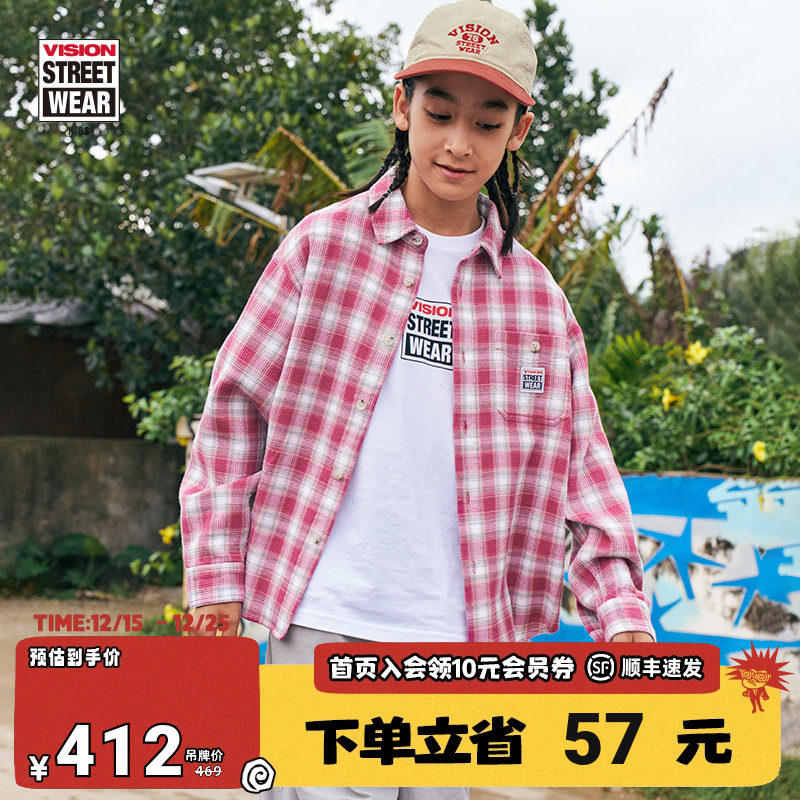VISION童装 美式复古宽松肌理感色织格长袖衬衫男女儿童25春新款