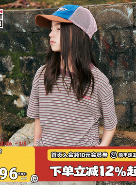 VISION童装 美式复古撞色条纹微落肩宽松刺绣logo短袖T恤男女同款