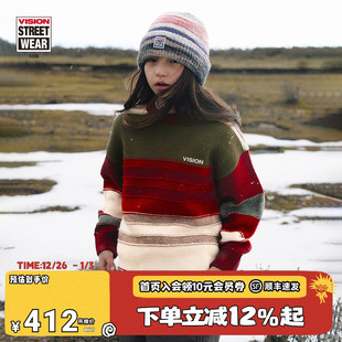新款 VISION童装 男女儿童25冬季 复古条纹拼接宽松毛衣套头衫 美式