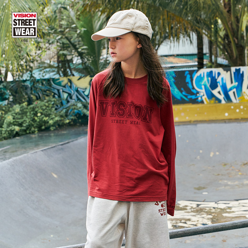 VISION KIDS 美式复古运动宽松插肩袖长袖T恤男女童装25春新款