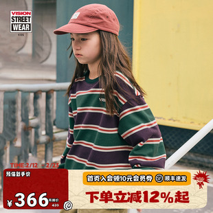 VISION KIDS 美式复古撞色条纹宽松落肩圆领卫衣男女儿童童装秋季
