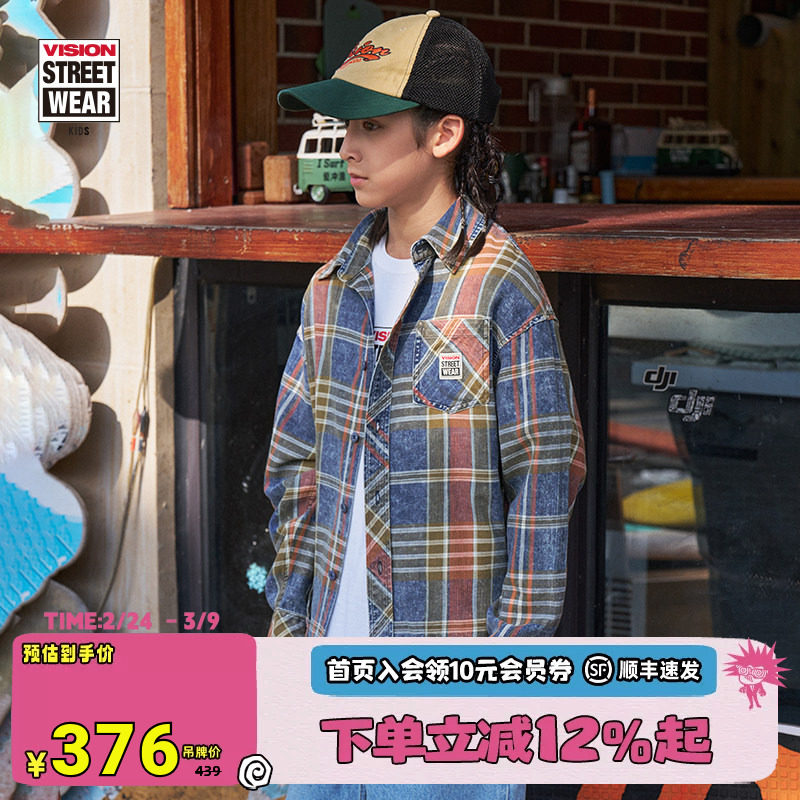 VISION KIDS 童装男女儿童秋冬美式宽松格纹工装休闲长袖衬衫外套