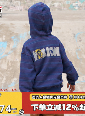 VISION童装 美式复古印花微抓绒宽松连帽卫衣男女儿童25冬季新款
