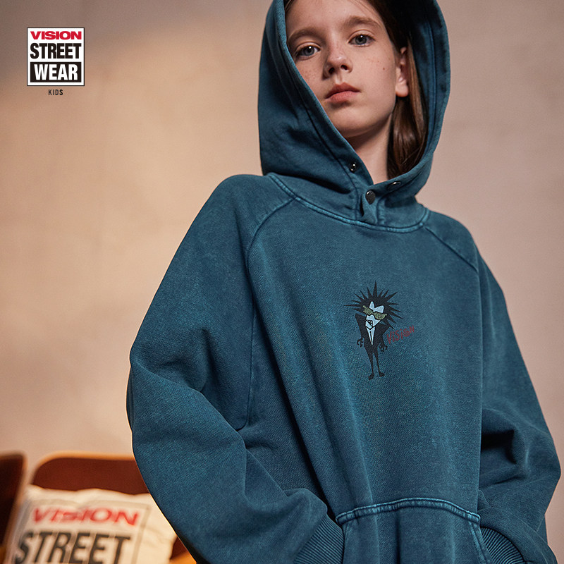 VISION童装 美式复古连帽时尚宽松长袖卫衣男女儿童春季