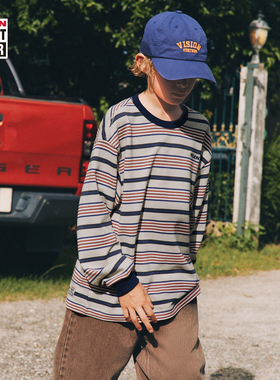 VISION童装 美式复古定织撞色条纹宽松长袖T恤男女儿童26春季新款