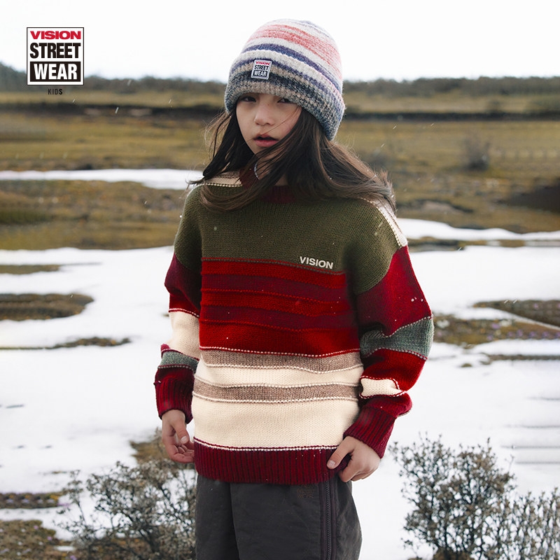 VISION童装 美式复古条纹拼接宽松毛织套头衫男女儿童25冬季新款