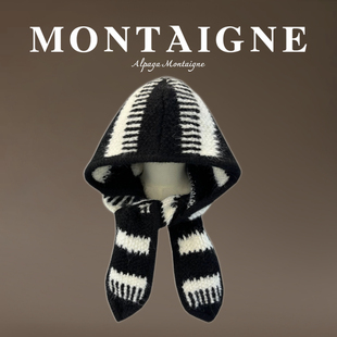 法国Montaigne/蒙田加厚巴拉克法大头针织毛线围巾一体护耳包头帽