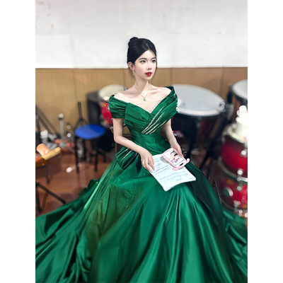 绿色晚礼服裙高端气质声乐艺考舞台美声独唱演出服一字肩主持人女