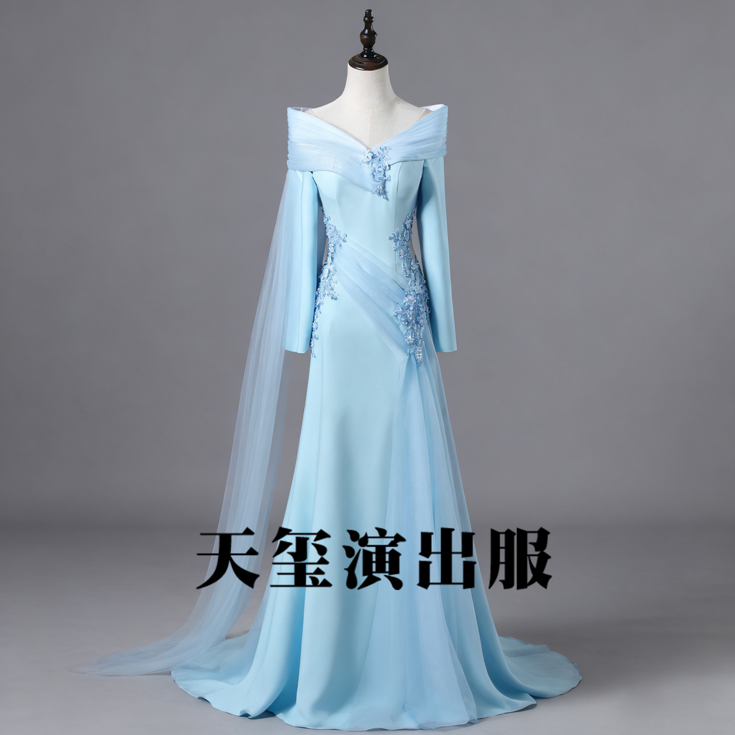 蓝色晚礼服女高端大气主持人长裙音乐会民歌独唱舞台比赛表演出服