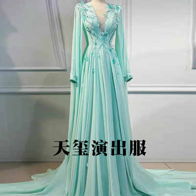 绿色晚礼服女高端大气音乐会民歌独唱舞台比赛表演出服主持人长裙