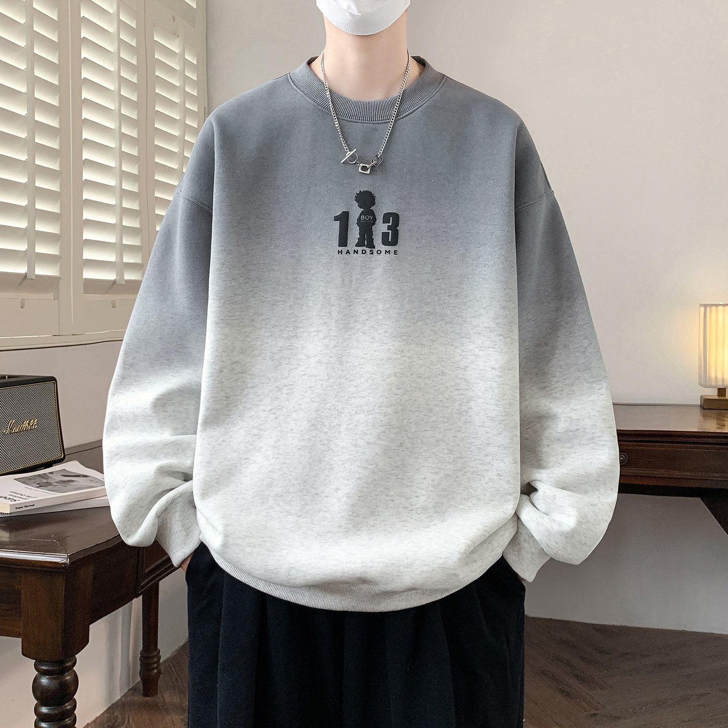 春秋季圆领厚棉T男孩高中初中学生长袖T恤青少年大童套头衫上衣服