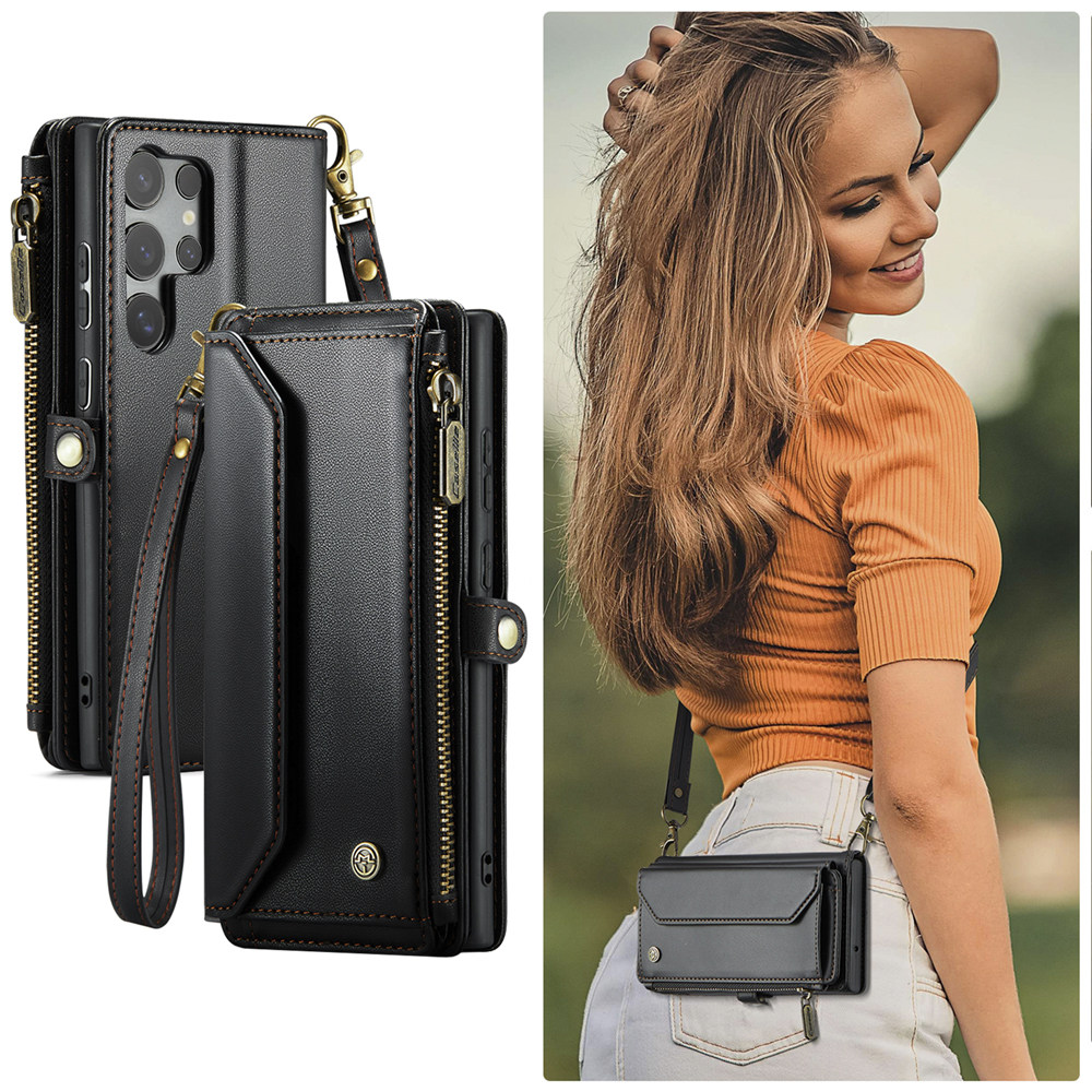 斜挎式手机包适用三星S25/S24Ultra手机壳S24fe手机套带腕带S23+plus钱包式皮套可放卡S22可支架全包防摔女士