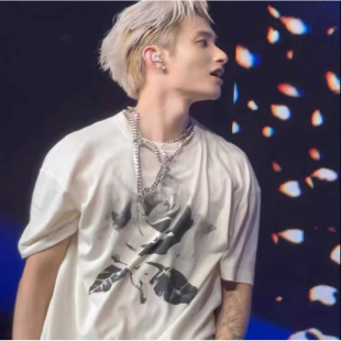 【李大奔同款】MOONWAV美式复古黑白洗褪玫瑰短袖T恤夏季宽松体恤