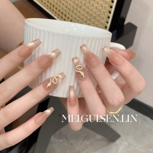 美甲贴片 猫眼渐变长款 玫瑰森林巳巳如意穿戴甲2025新款 小金蛇法式