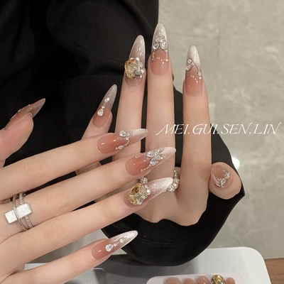 玫瑰森林旧梦拾光手工猫眼穿戴甲高级感法式长款假指甲爆闪钻美甲