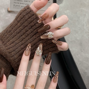 美甲 秋冬高级感法式 玫瑰森林香橙美式 复古深棕手作穿戴甲中长款
