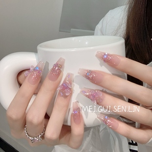 玫瑰森林魅紫星辰蝴蝶闪钻法式 美甲手工定制显白网红指甲贴穿戴甲