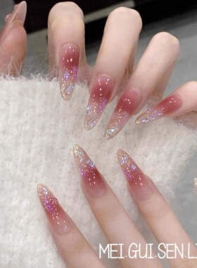 玫瑰森林多肉葡萄纯手工定制穿戴甲婚甲红色渐变法式长款杏仁甲