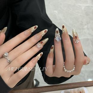 玫瑰森林朱砂泪穿戴甲手作轻奢高级爆闪戴钻猫眼美甲长款 指甲 法式