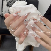 玫瑰森林花涧酒手工美甲温柔蝴蝶大钻法式 显白长款 花朵甜美穿戴甲