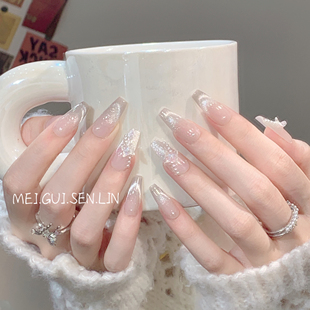 清冷白茶猫眼手工穿戴甲蝴蝶结显白美甲新年短甲 玫瑰森林