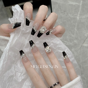 玫瑰森林暗恋黑色法式 美甲成品秋冬新指甲 穿戴甲小众显白全钻长款