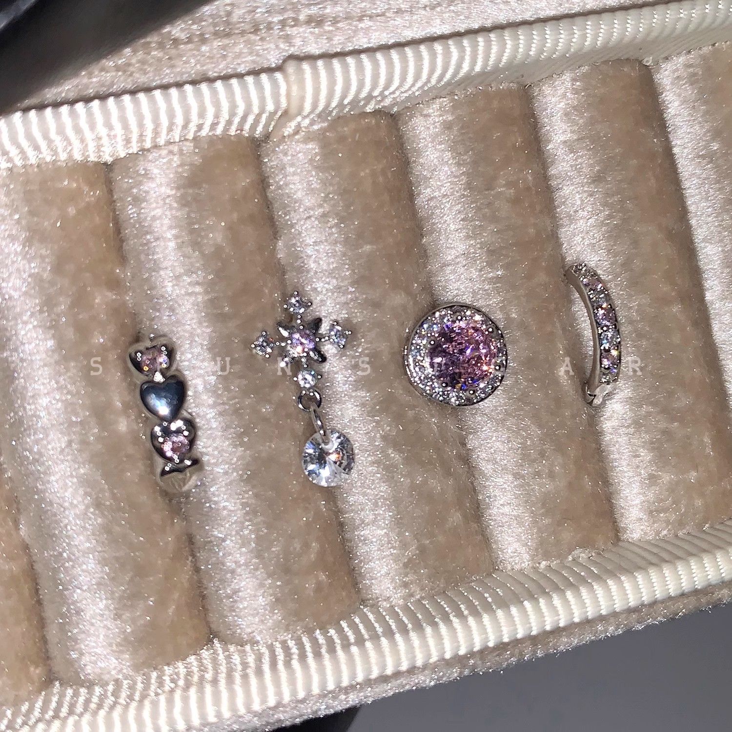 粉色十字雪花坠耳骨钉钛钢甜美闪钻爱心耳圈叠带小众耳钉耳环女