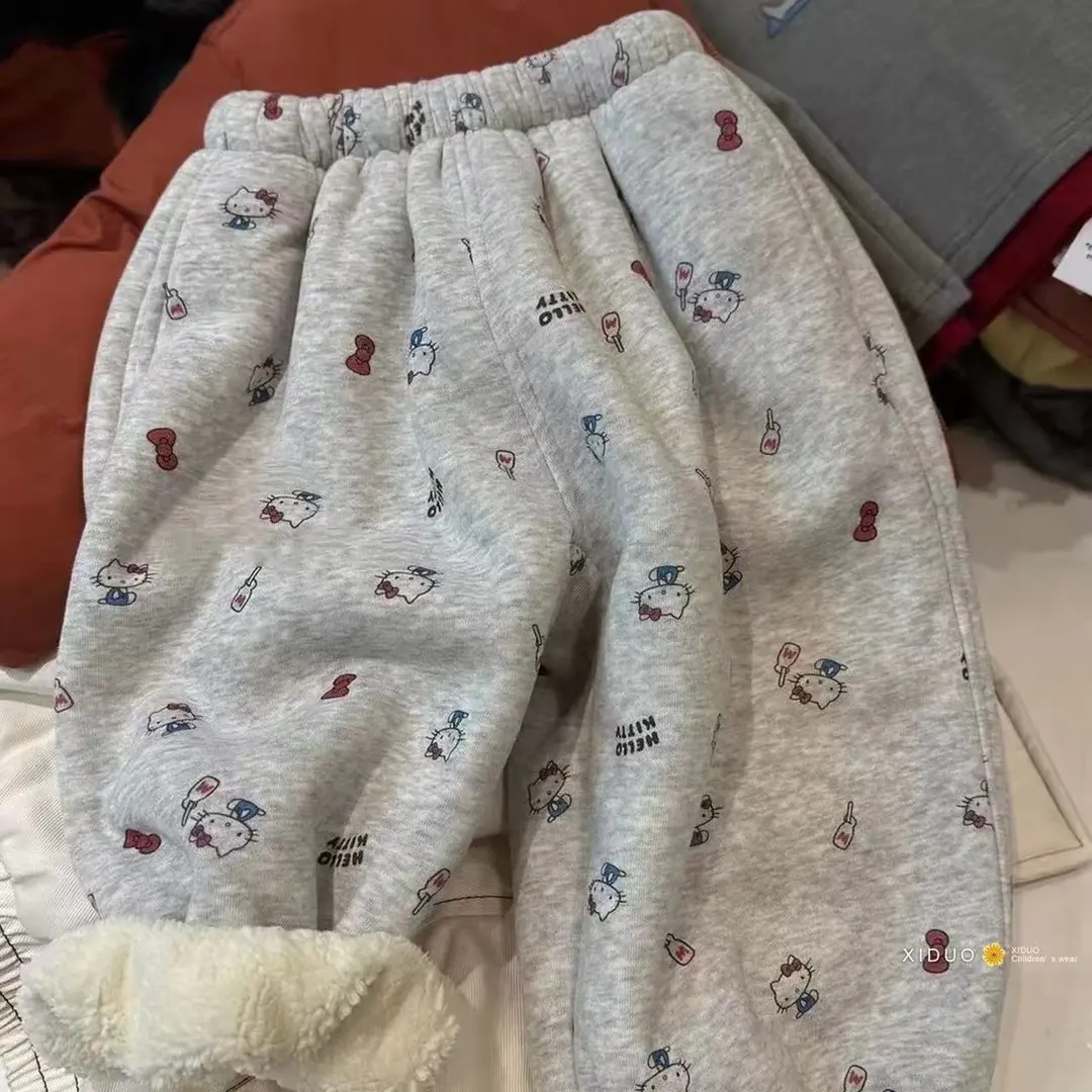 女童裤子2025冬季儿童新款超可爱kt猫满印束脚卫裤女孩保暖加绒裤