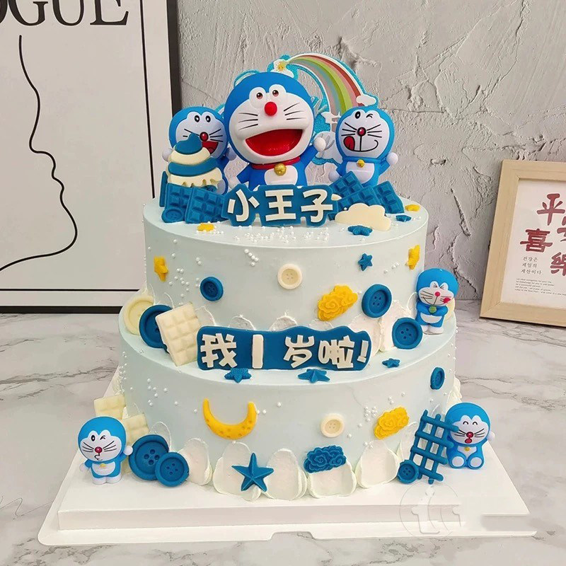 哆啦A梦机器猫蛋糕装饰摆件叮当猫儿童节生日派对装扮插件