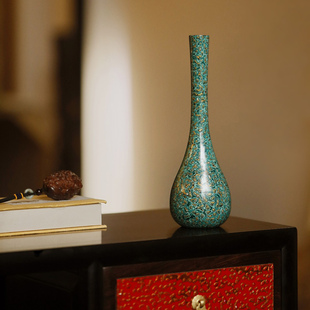 濮暹大漆花瓶摆件客厅插花绿色实木胆瓶小餐桌面玄关艺术感干花瓶