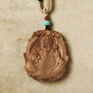 濮暹老山檀香财神吊坠实木雕刻招财挂件木质项链男女旺运平安礼品
