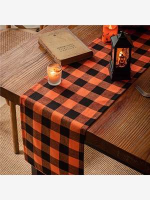 万圣节格子桌旗南瓜橘色桌布台布餐桌聚会餐垫节日装饰