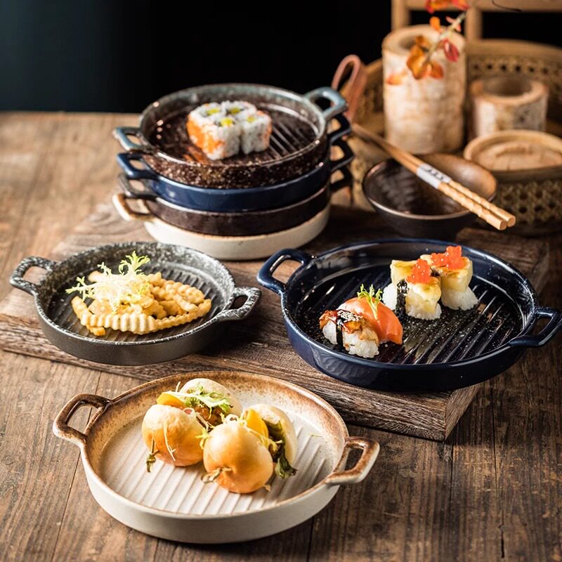 日式双耳烤盘陶瓷盘子面包盘牛排盘微波炉烤箱盘烘焙盘寿司菜盘子