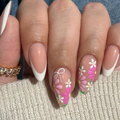 甜美白色法式花朵蝴蝶结欧美ins风可拆卸美甲press on nails