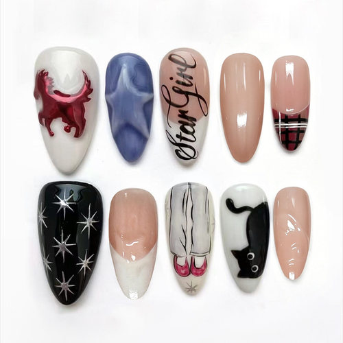 立体甜星海盐格纹法式星芒欧美风可拆卸美甲30片press on nails